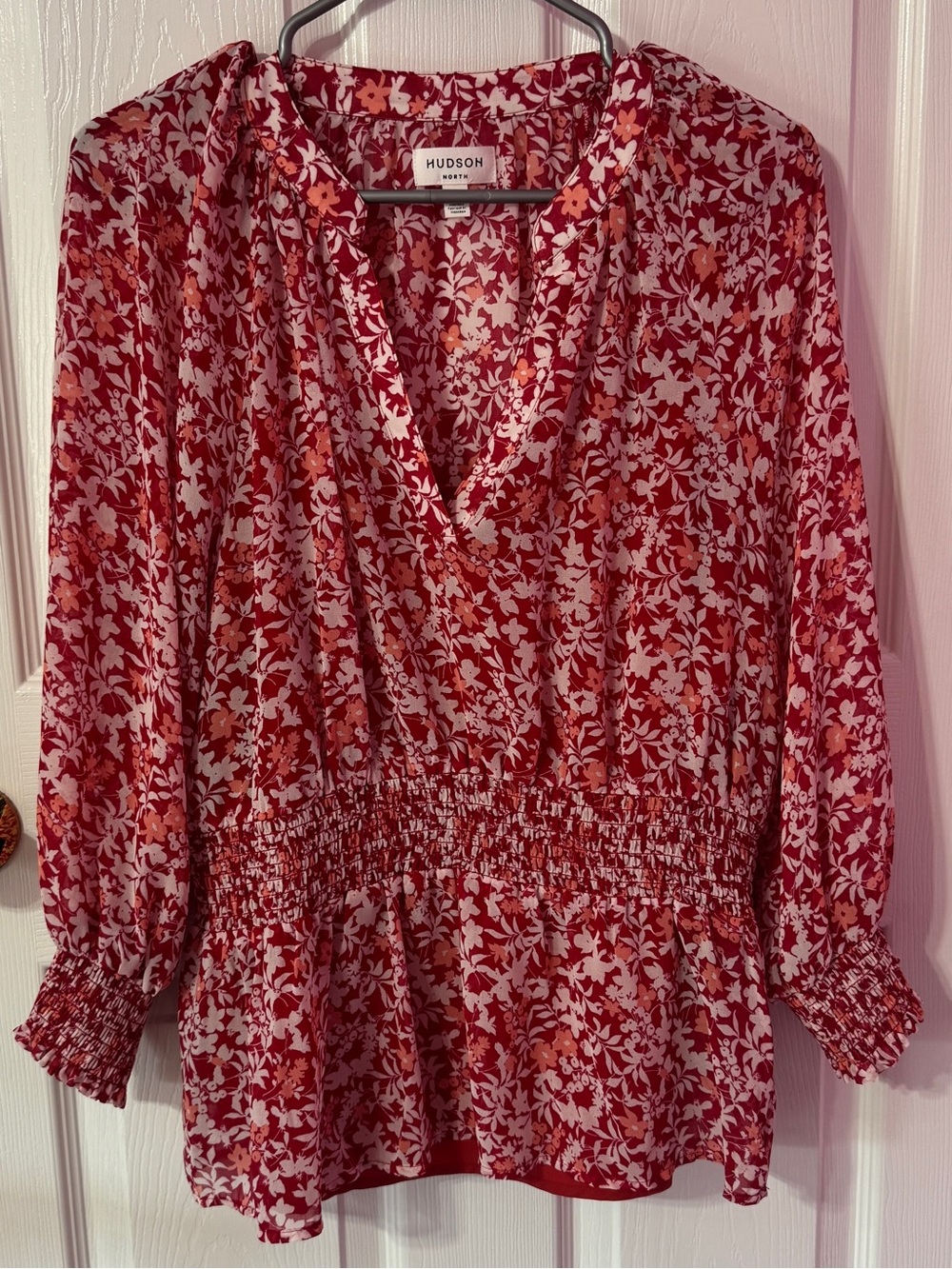Hudson North crimson floral wrap-style smocked waist blouse